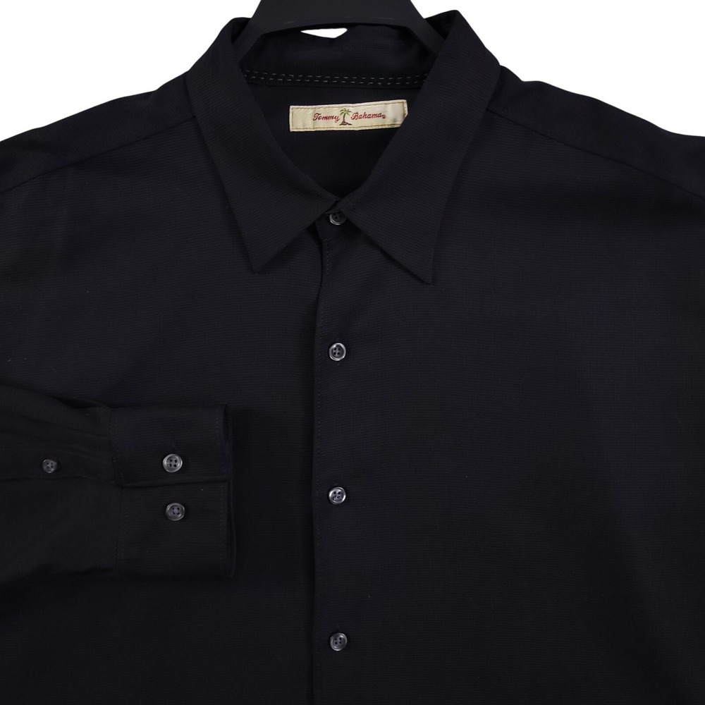 Tommy Bahama Silk Shirt Mens XL Black Solid Long Sleeve Waffle Weave Button Up